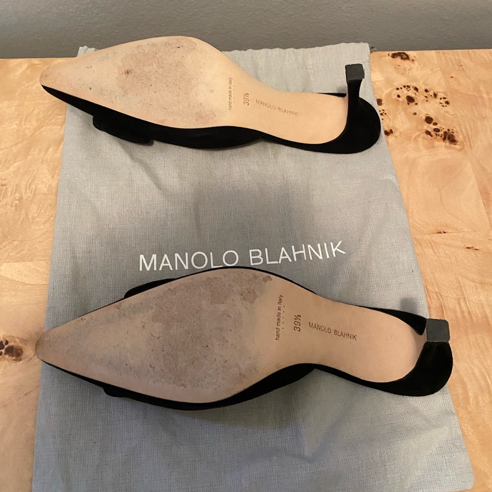Manolo Blahnik Black Suede Pointed-Toe Buckle Mules - Picture 2 of 9
